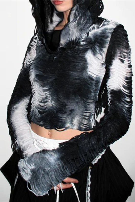 Ruched Distressed Hooded T-Shirt