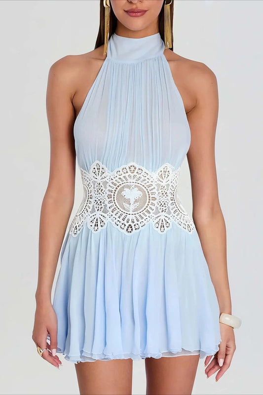 Crochet Waist Pleated Halter Mini Dress