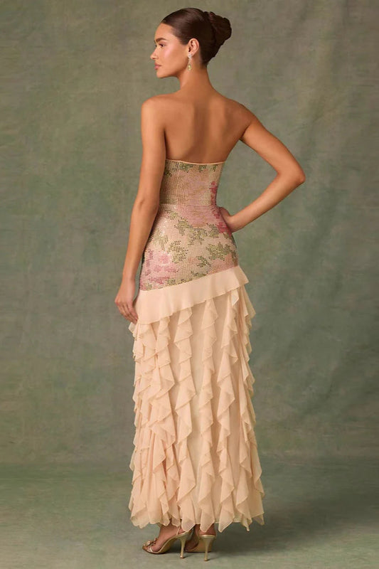 Strapless Rhinestone Floral Ruffle Hem Maxi Dress