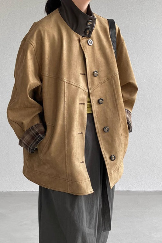Brown Stand Collar Plaid Suede Jacket