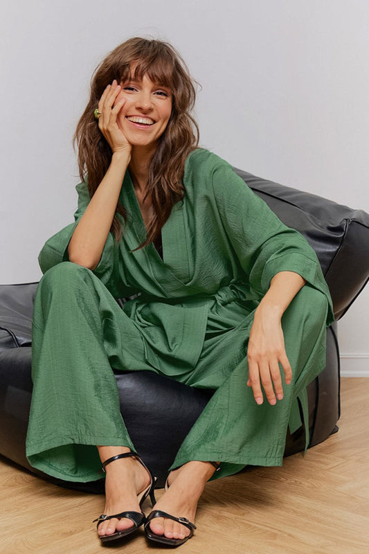 Tie Waist Pajama Top Straight Pants Set