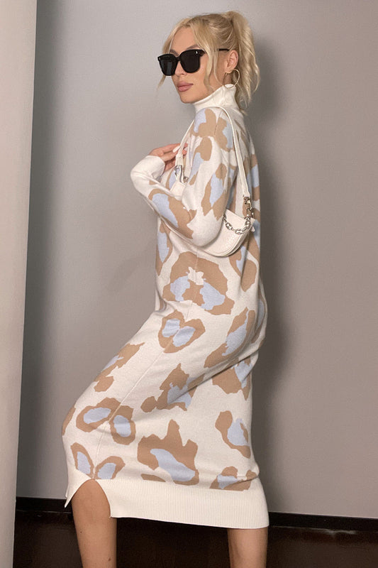 Elegant Leopard Turtleneck Sweater Maxi Dress