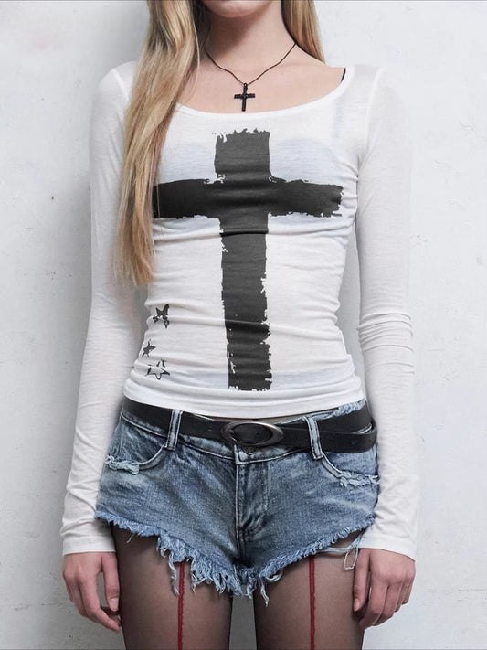 Dark Casual Printed Gothic Slim O-Neck Knit Top