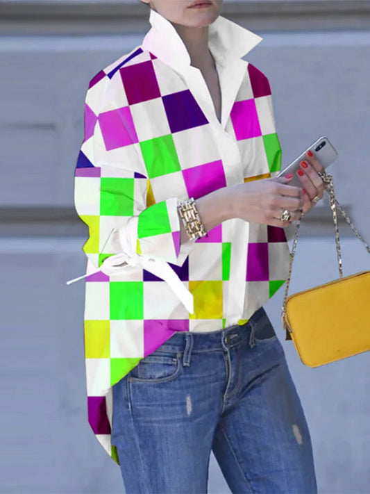 Plshop Size Patchwork Plaid Turn-down Collar Bloshope