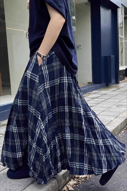 Vintage High-Waist Plaid Flared Skirt