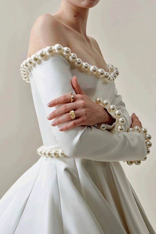 Vintage Satin Pearl Long Sleeve Off Shoulder Wedding Dress