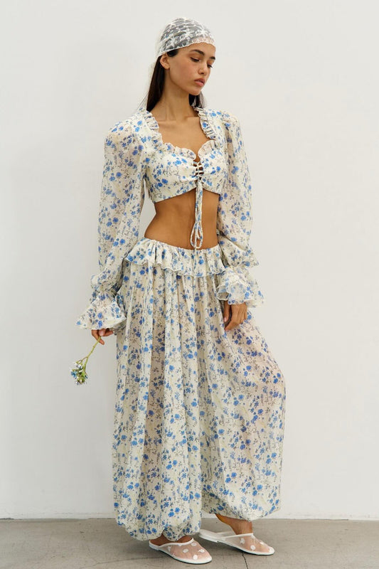 Floral Tie Front Square Neck Ruffled Cropped Top Low Waist Jogger Pants Two Piece Set