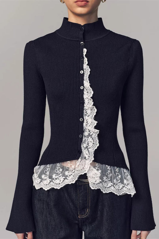 Lace Trim High Neck Button Cardigan