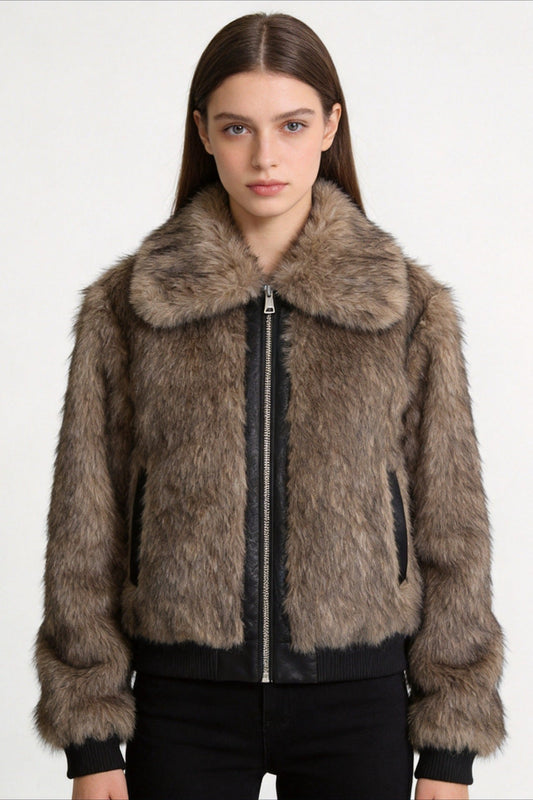 Rib Trim Cropped Faux Fur Bomber Coat