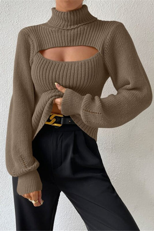 Cutout Turtleneck Balloon Sleeve Knit Sweater