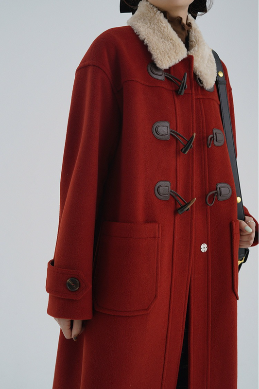 Vintage Horn Button Shearling Collar Red Overcoat