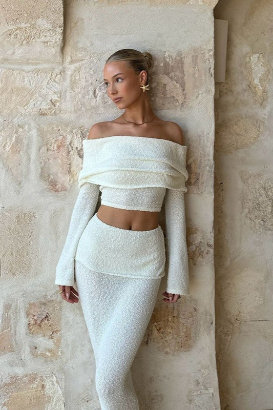 Sexy Off-Shoulder Cropped Top High-Waisted Solid Skirt Two Piece Set