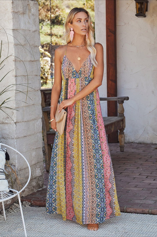 Sexy V-neck Backless Floral Print Cami Maxi Dress
