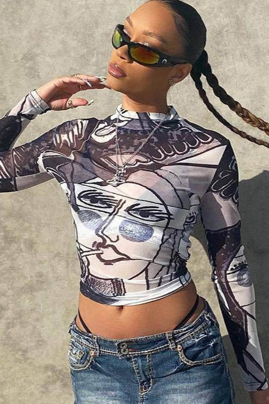 Sexy Sheer Mesh Print Round Neck Long Sleeve Bloshope