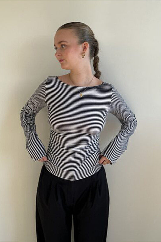 Basic Crew Neck Backless Striped Fitted Knit Bloshope