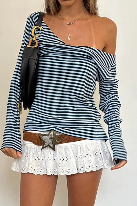 Color Block Striped V Neck Loose Knit Long Sleeve Bloshope