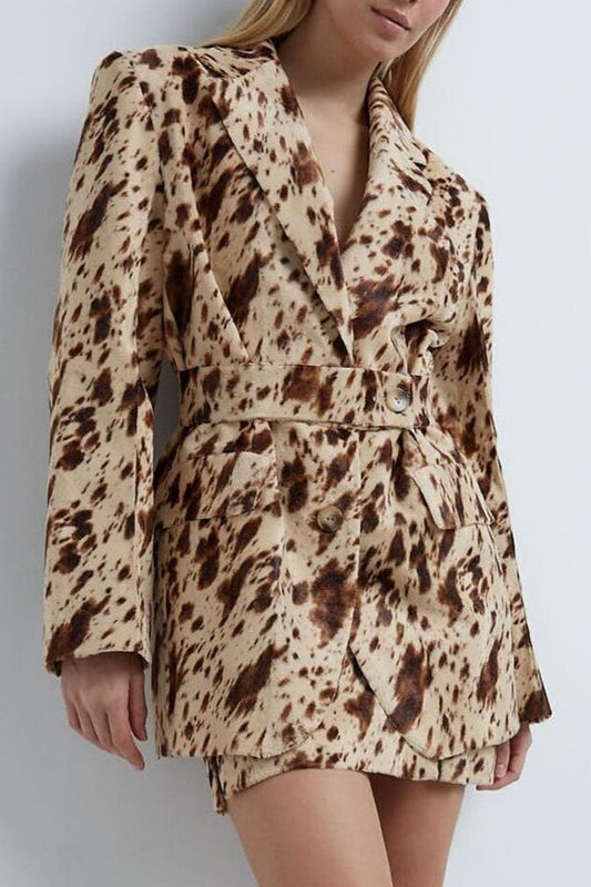 Brown Printed Long Sleeve Blazer Coat