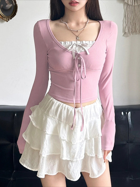 Sweet Patchwork Bandage Slim Square Collar Knit Top