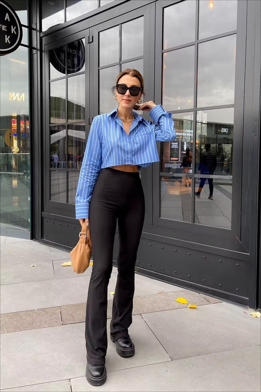 Striped Long Sleeve Loose Short Shirt Bloshope