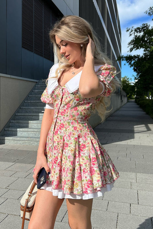 Peter Pan Collar Floral Puff Sleeve Button Mini Dress