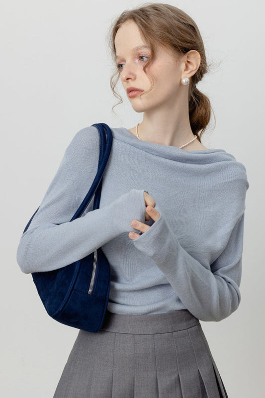 Chic Off Shoulder Tie Waist Cowl Neck Long Sleeve Tee