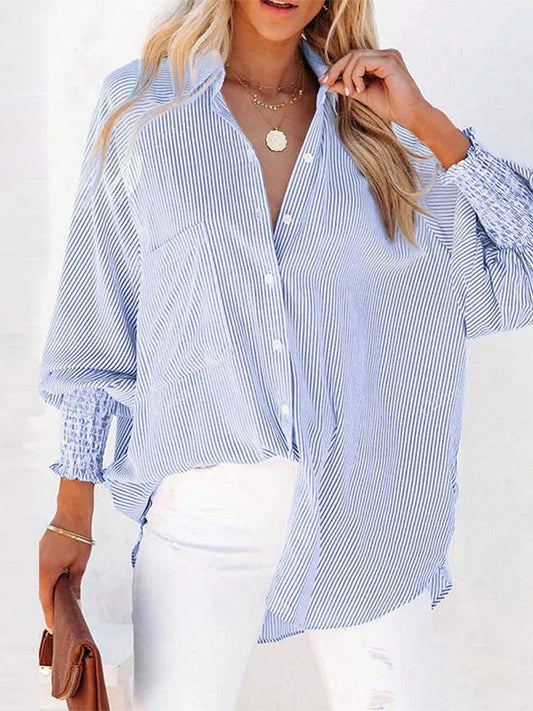 Pleated Lapel Neck Lantern Sleeve Bloshope