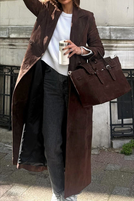 Retro Brown Belted Waist-Tie Long Overcoat