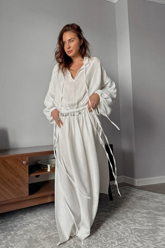 Cotton Cutout Tie Waist Long Sleeve Maxi Dress