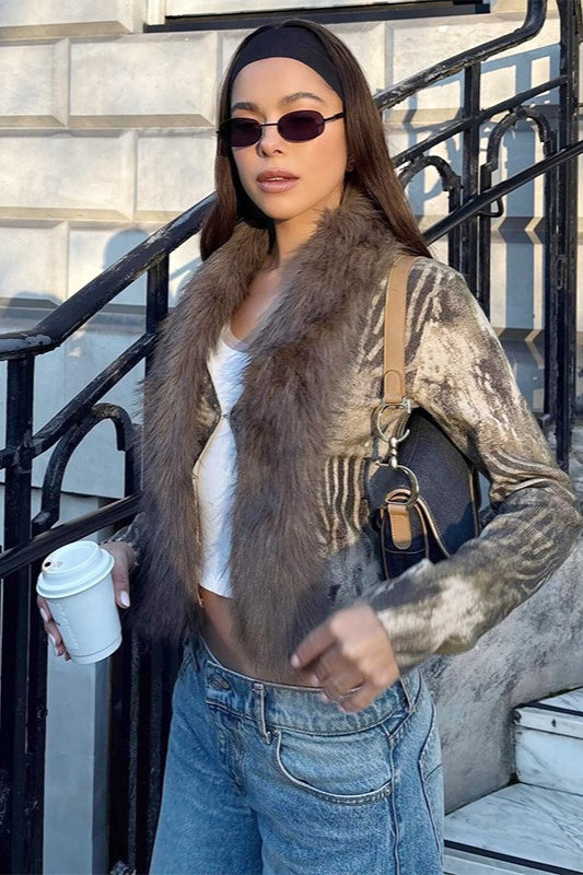 Retro Trendy Y2K Fuzzy Paneled Versatile Knit Cardigan