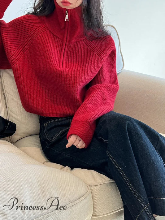 100% Cashmere Semi-Turtleneck Loose Thick Red Knit Christmas Sweater Sweaters-L