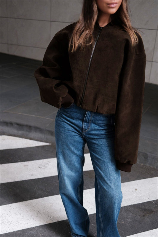 Oversized Faux Suede Bomber Jacket
