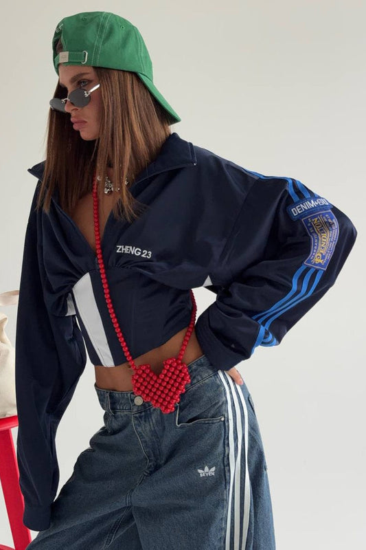 Satin Ruched Half Zip Crop Bloshope