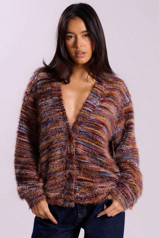 New Retro Fashion Deep V-Neck Maillard Plshoph Long-Sleeve Knit Cardigan