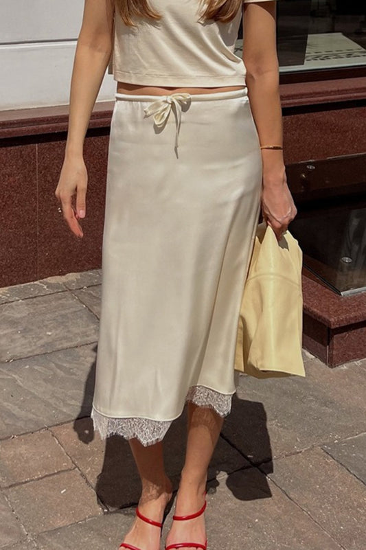Elegant Lace Trim Tie Waist Midi Skirt