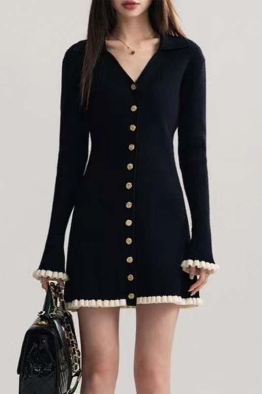 Black Contrast V-Neck Sweater Dress