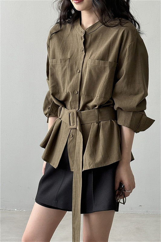 Vintage Waist Cinched Belted Long Sleeve Bloshope