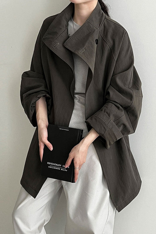 British-Style Stand-Collar Belted Mid-Length Trench Coat