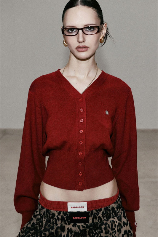 Red V Neck Knit Cardigan Bloshope