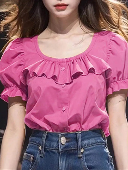 Ruffled Solid Puff Sleeve Casual Tunic Bloshope