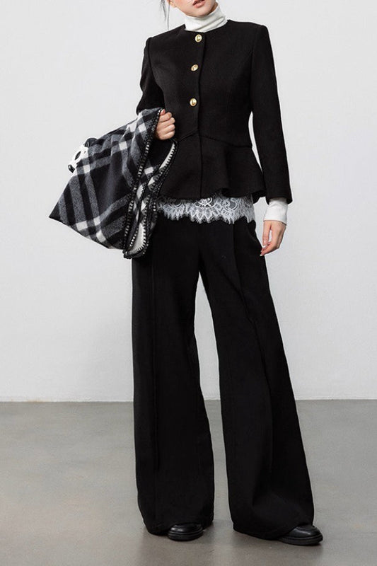 Black Pleated Waist Elegant Wool Coat