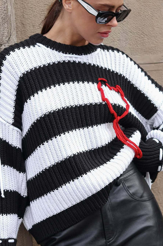 Loose Striped Crew Neck Long Sleeve Knit Sweater