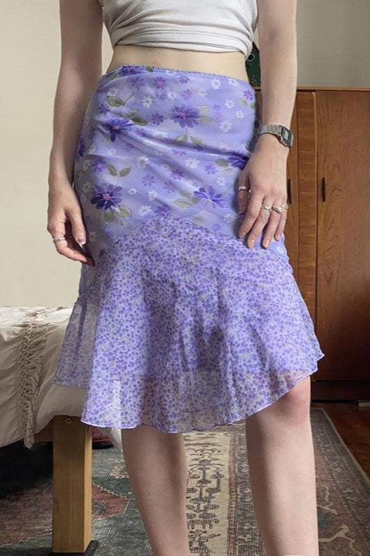 Purple Floral High-Waist Asymmetrical Skirt