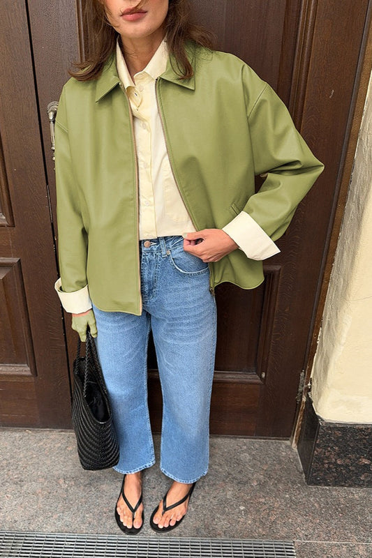 Loose Fit Green Leather Pilot Jacket