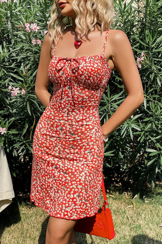 Stylish Red Printed Sshoppender Floral Dres