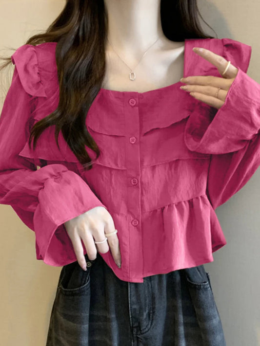 Ruffled Square Neck Flare Sleeve Bloshope