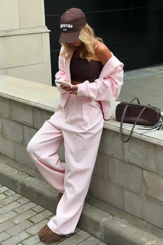 Zipper Hoodie Long Sleeve Wide Leg Pants Two Piece Set