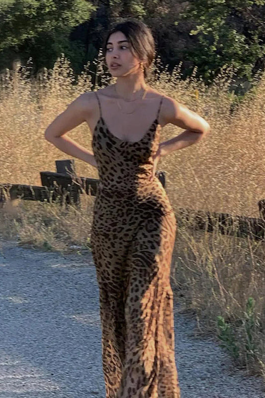 Leopard Print Backless Slim Strap Maxi Dress