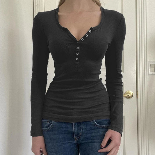 Vintage Y2K Basic Crop Top Grunge Button Slim Fit Knit Top