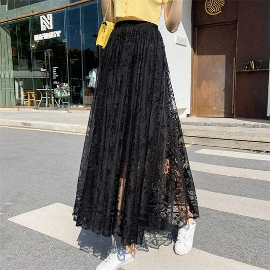 Y2K Women's Lace Crochet Umbrella Long Skirt Bohemian High Waist