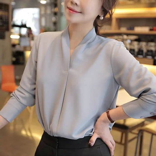 Korean Style V-neck Loose Chiffon Office Bloshope